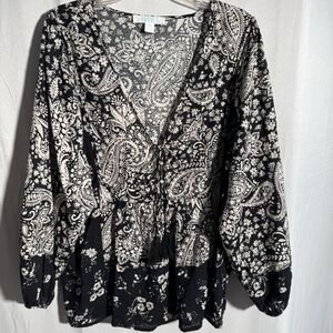 Bunulu Paisley Boho Peasant Blouse Women’s 1X Tassel Tie V Neck Floral Top